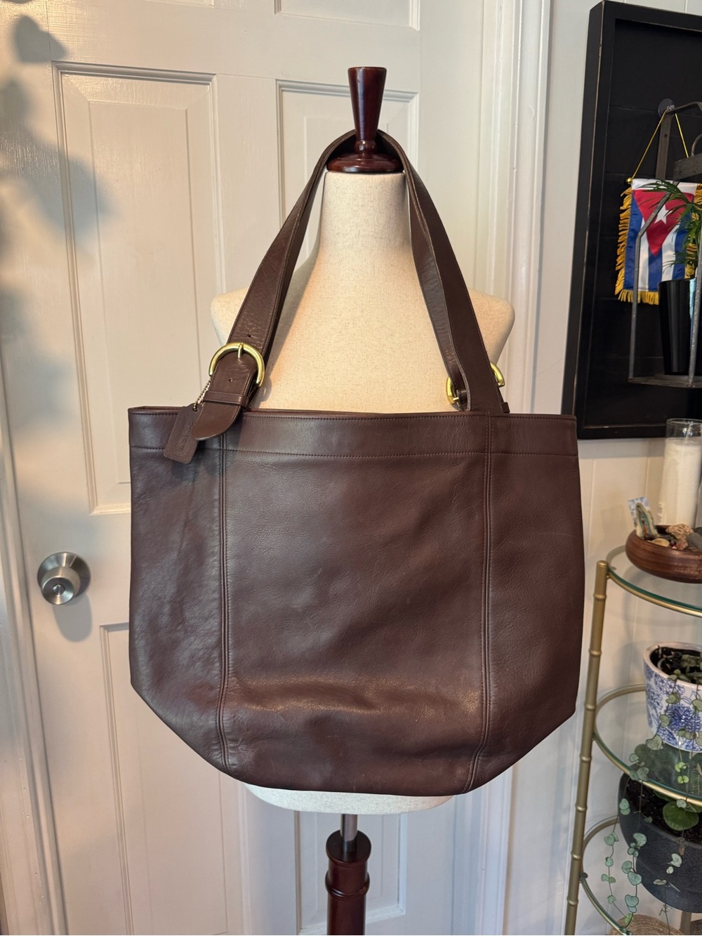 Coach Dark Brown Leather Tote with Gold-Tone Hardware